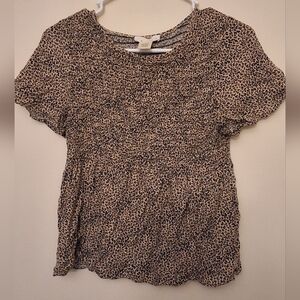 Urban Romantics Leopard Print Smocked Top Short Sleeve Boho Medium